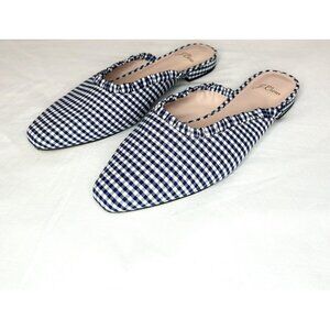 J Crew Shoes 8.5 Carolyn Blue Gingham Ruffle Mules Slip-On Flats Pointed Toe